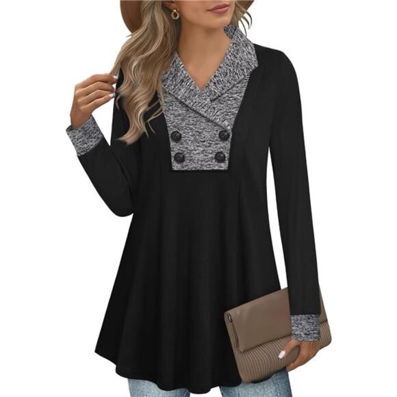 Womens Long Sleeve Casual V Neck Sweatshirts Pullover Tunic Tops with - Picture 1 of 7